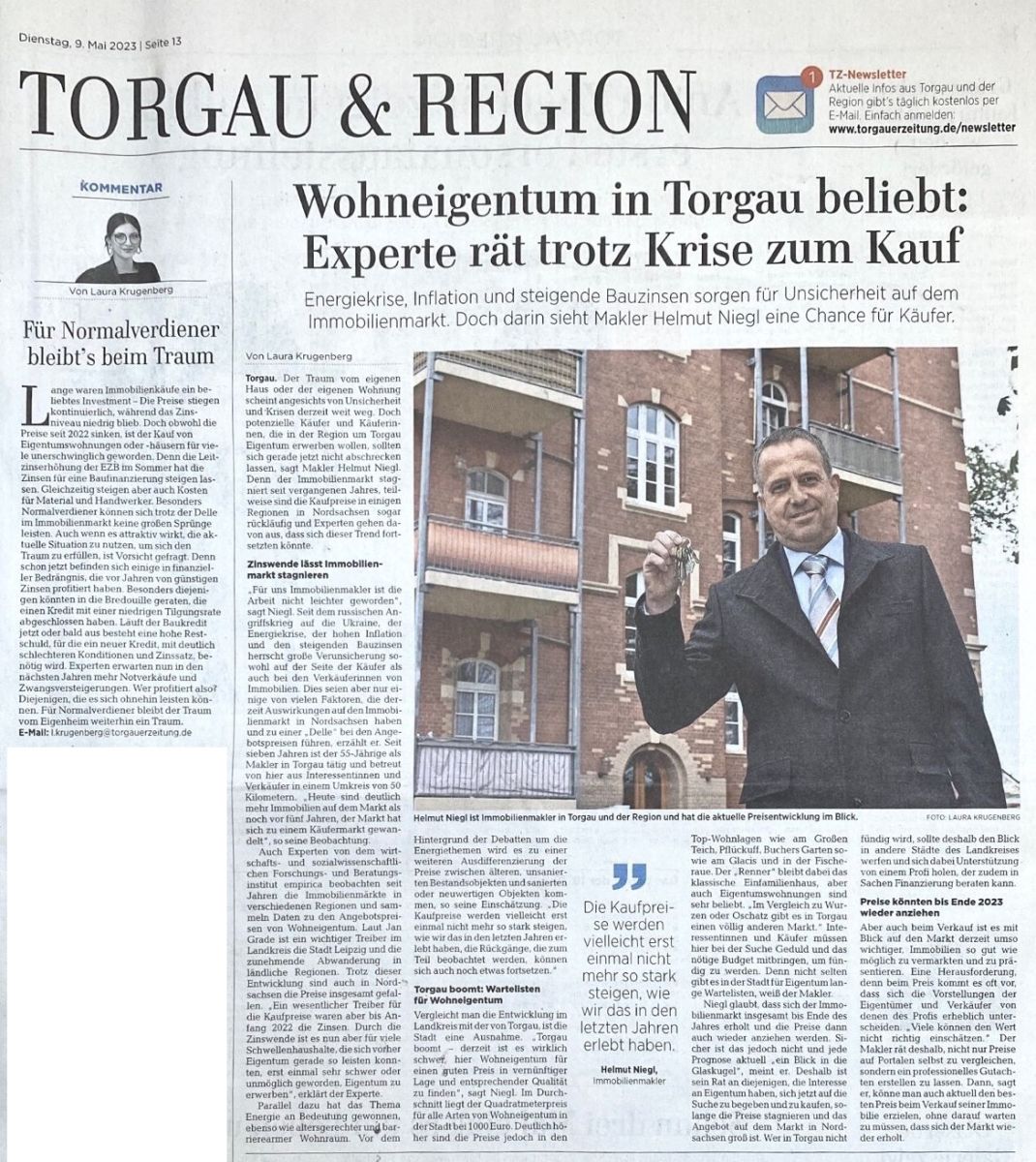 Zeitungsartikel in der Torgauer Zeitung über Immobilienexperte Helmut Niegl Immobilien 